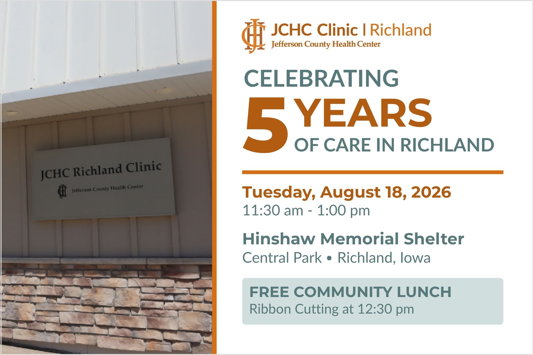 JCHC Clinic | Richland five-year celebration on August 18, 2026, from 11:30 a.m. to 1 p.m. at Hinshaw Memorial Shelter, with a free community lunch and ribbon cutting at 12:30 p.m.