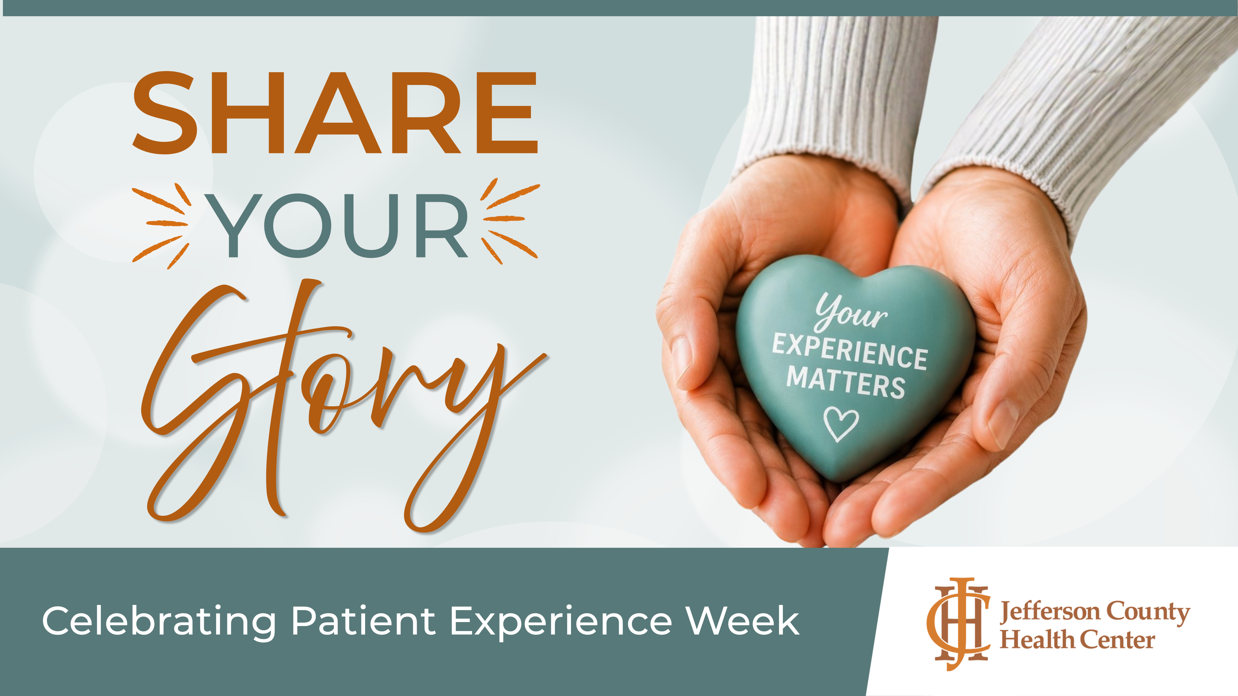 Hands holding a teal heart that reads “Your Experience 